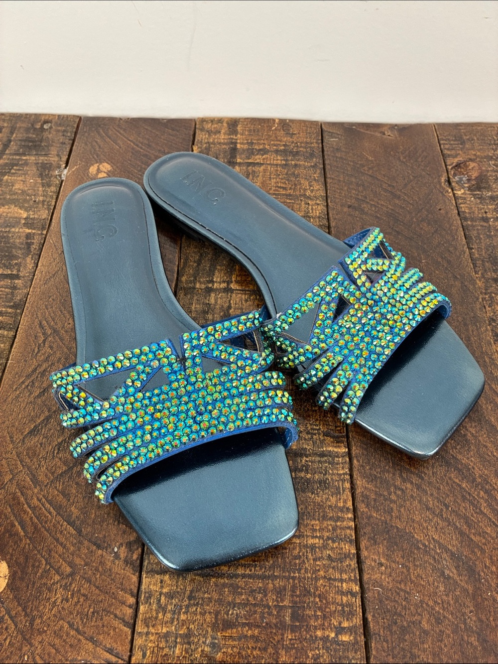 INC International Concepts Women’s 7.5 Teal Blue Crystal Slide Mules